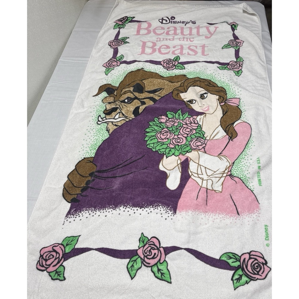 VTG 90s Disney Beauty and the Beast Bath Beach Towel Cotton Franco 30" × 54"